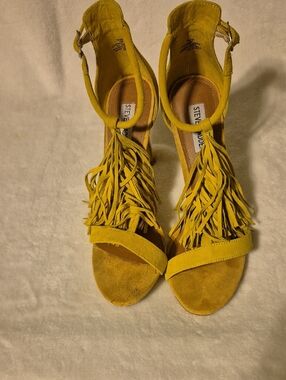 Steve Madden Mustard Yellow Suede Fringe Ankle-Strap Heels